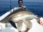 Pesca nelle Isole del Sud Oman, Mare Arabico, famose per la pesca da Big Game. Foto della barca per la pesca, popping, jigging al G.T. ed altri pesci da record. Foto di un cobia di circa 60 kg. Il cobia è l' unico percide che vive in acque salate.